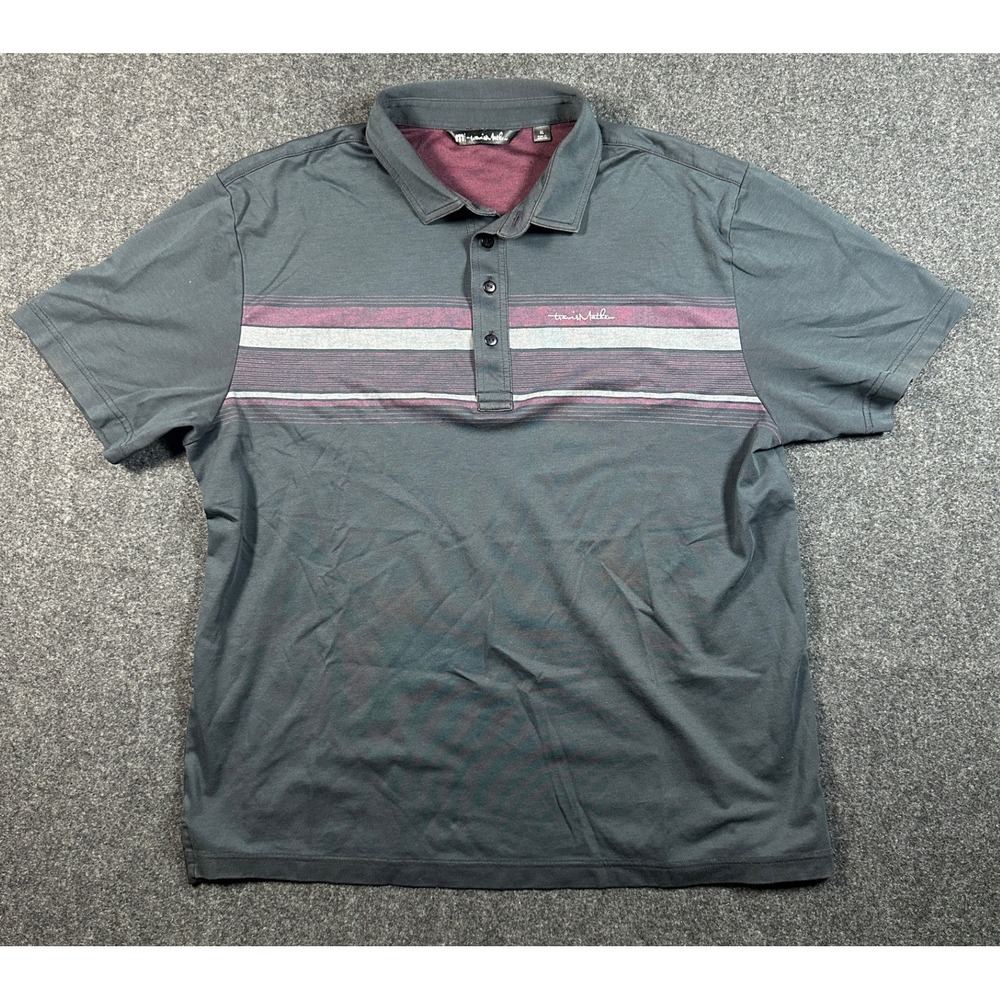 TravisMathew Mens XL Gray Burgundy Striped Short Sleeve Golf Polo Shirt